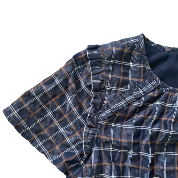 LOFT Metallic Navy Plaid Ruffle Short Sleeve Top, L - Picture 8 of 12
